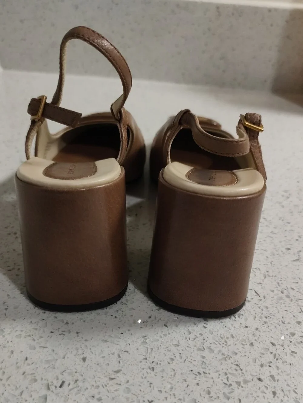 Tory Burch Tan Leather Slingback Heels with Gold Logo Plaque